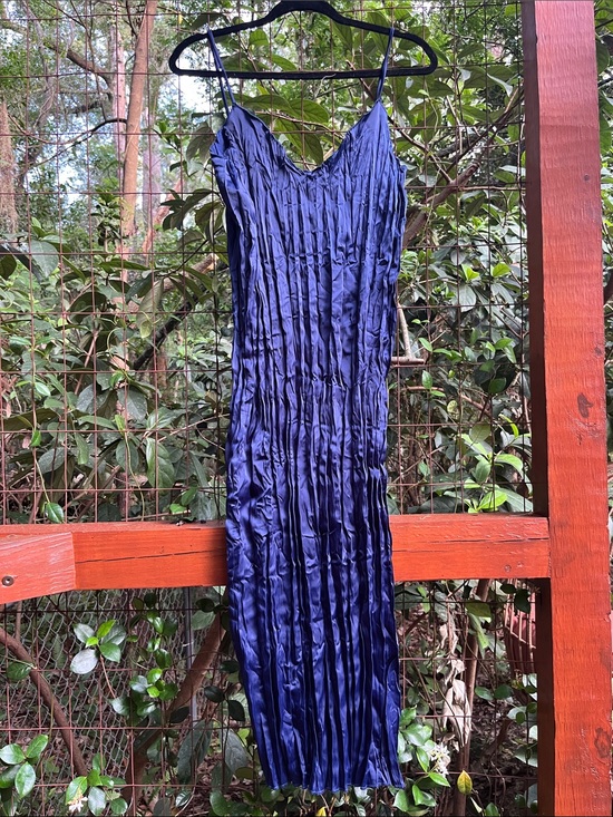 Zara Dresses & Skirts - ZARA Wrinkled Satin Effect Dress Navy Spaghetti Strap Pleated MIDI